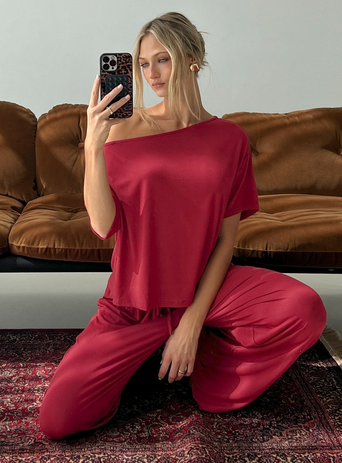 Cozy Hour Sleep Relaxed Off Shoulder Top Red