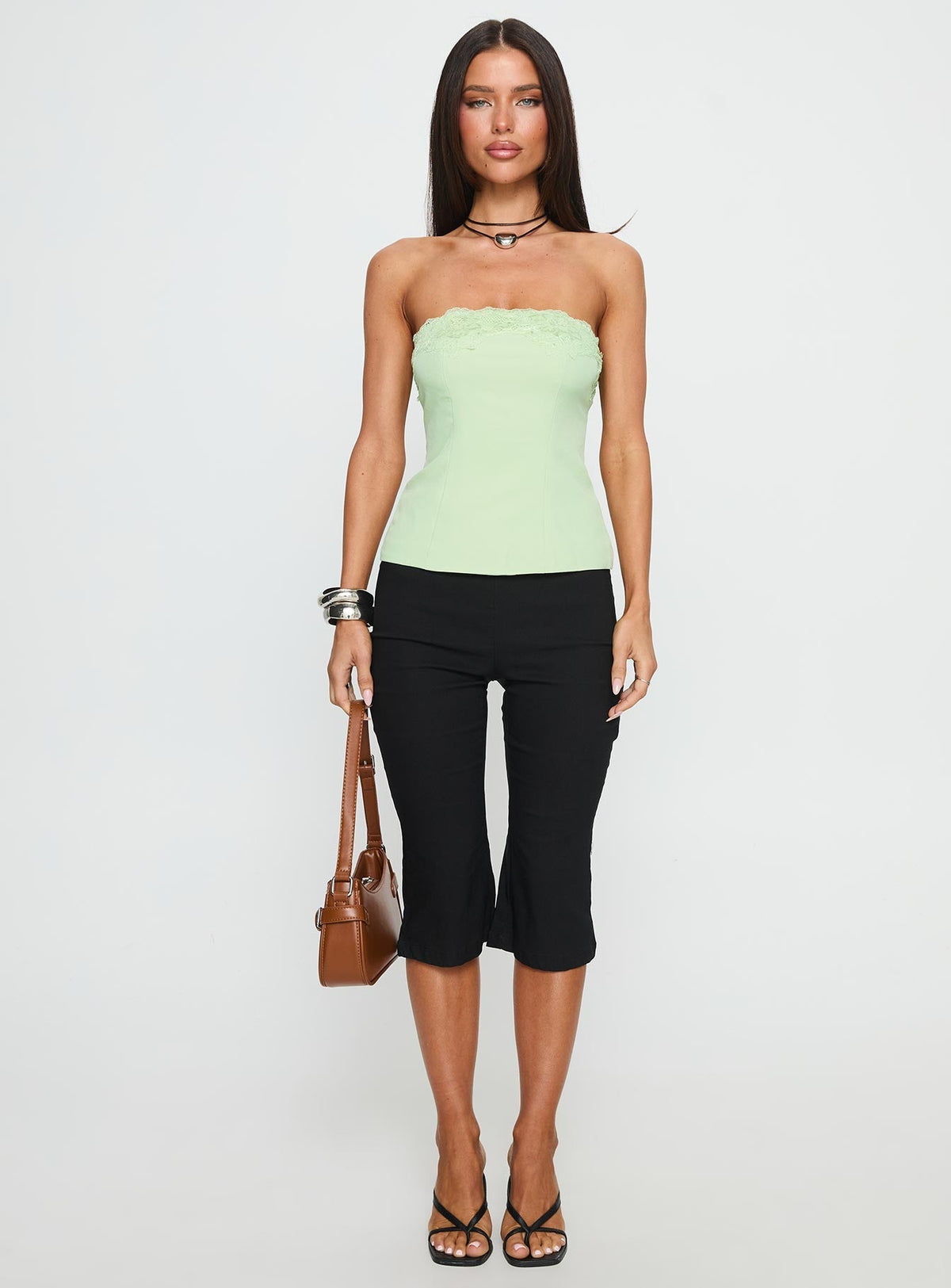Ettore Lace Trim Strapless Top Sage