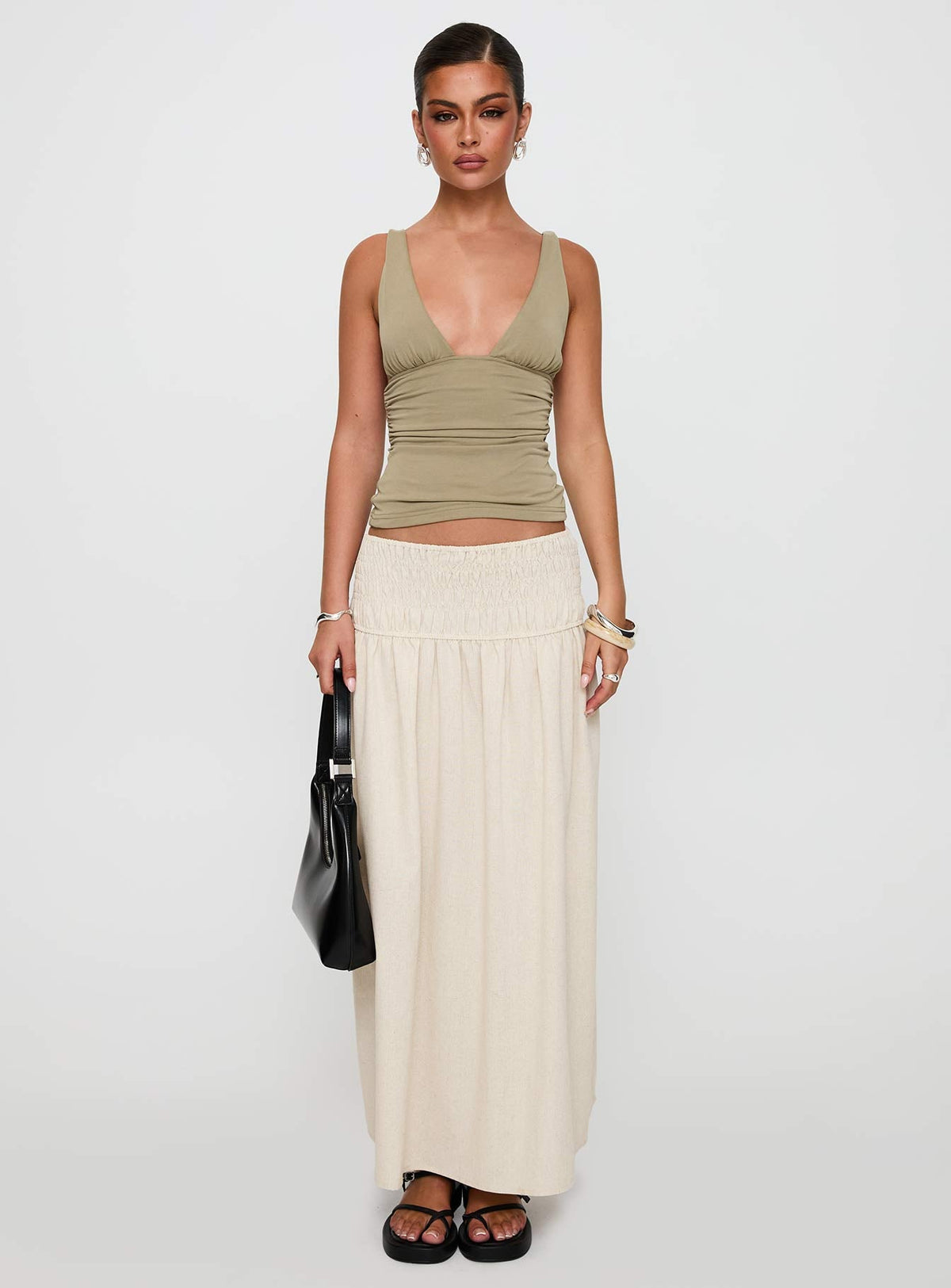 Small Towns Shirred Midi Skirt Beige