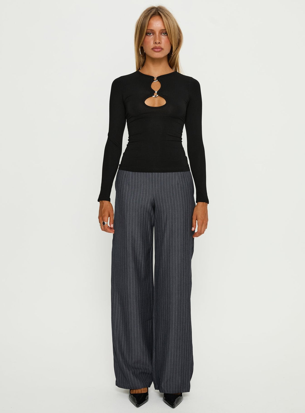 Khane Low Rise Wide Leg Pant Charcoal Pinstripe