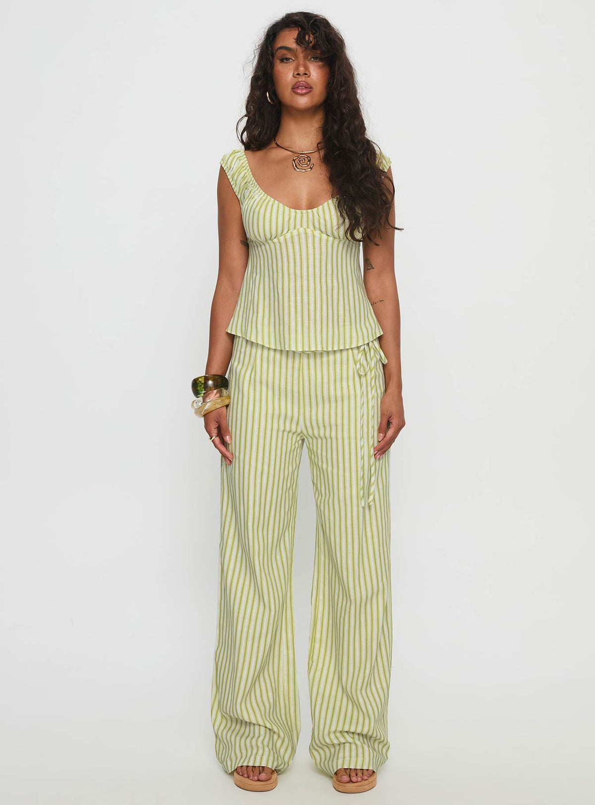 With Pleasure Tie Side Pant Green / Blue Stripe