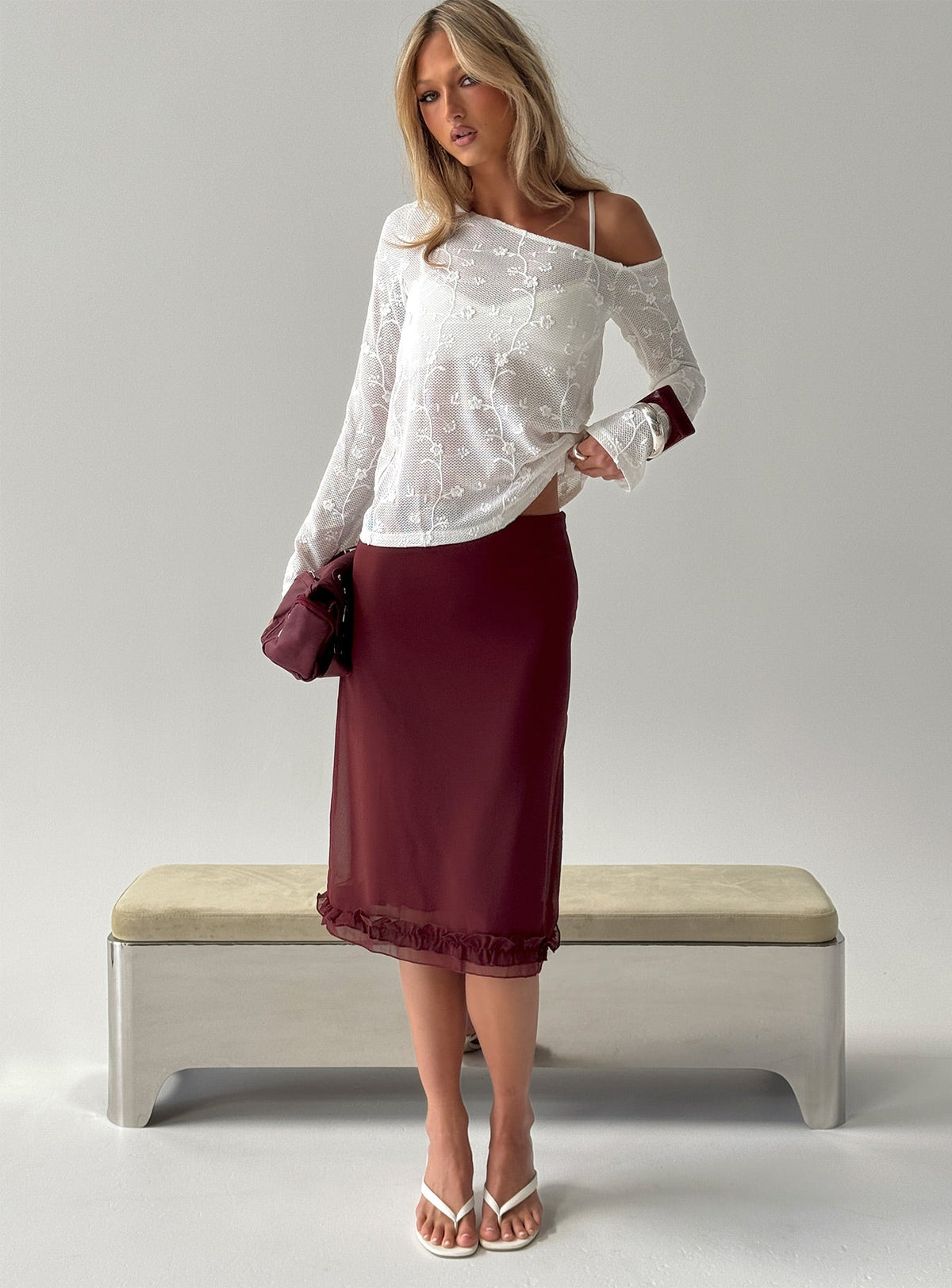 Rosette Frill Midi Skirt Currant