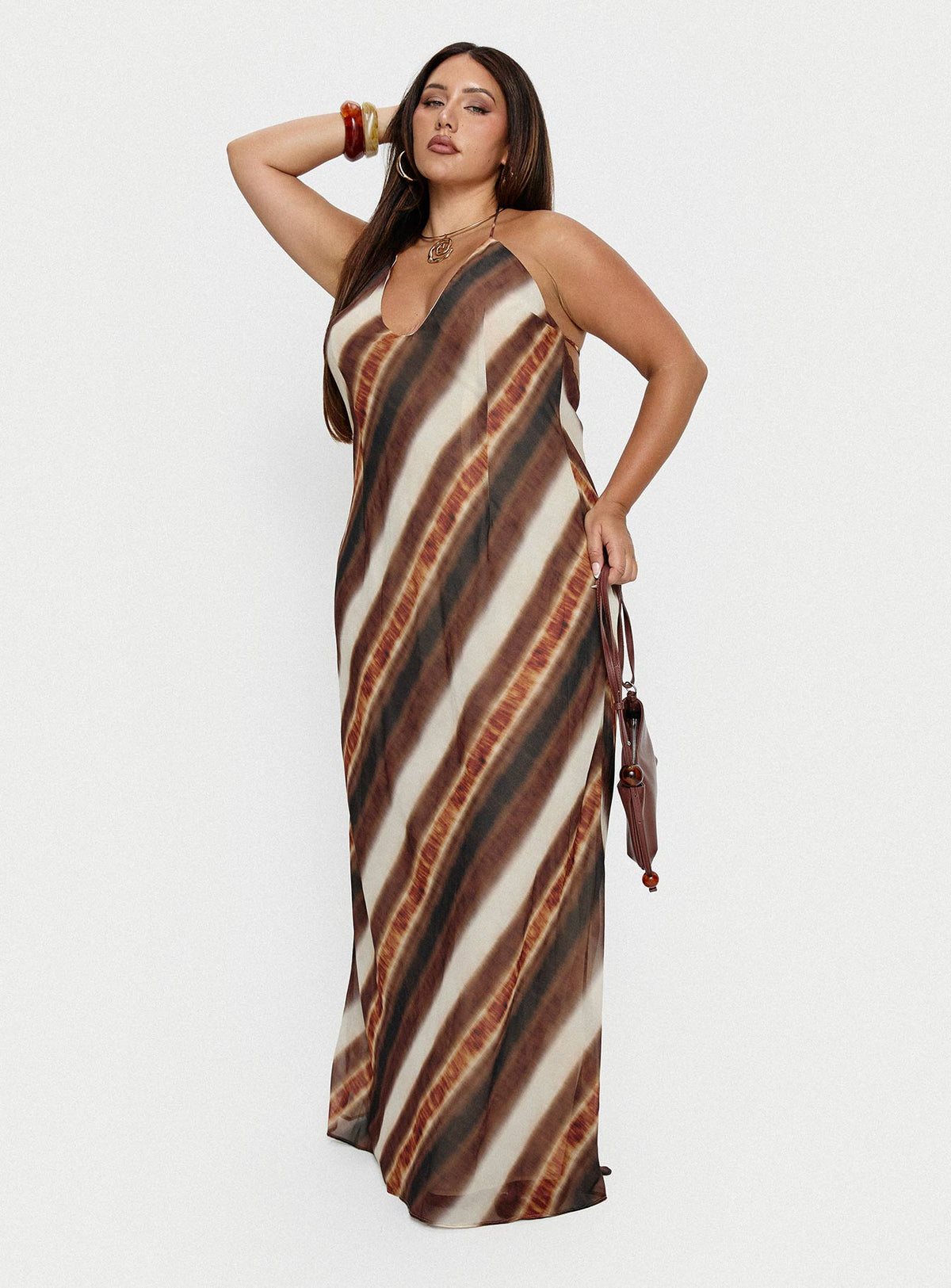 Esmira Halter Maxi Dress Brown Stripe Curve