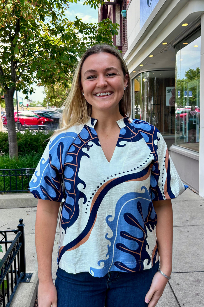 Abstract Print Top with Puff Sleeves