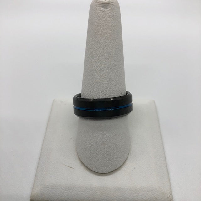 Black Titanium Ring with a Blue Stripe