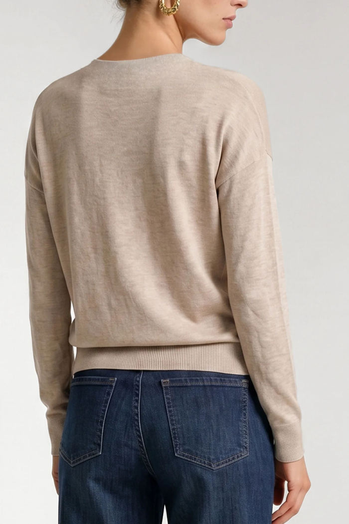 Long Sleeve Drape Neck Woven Sweater, Champagne Melange