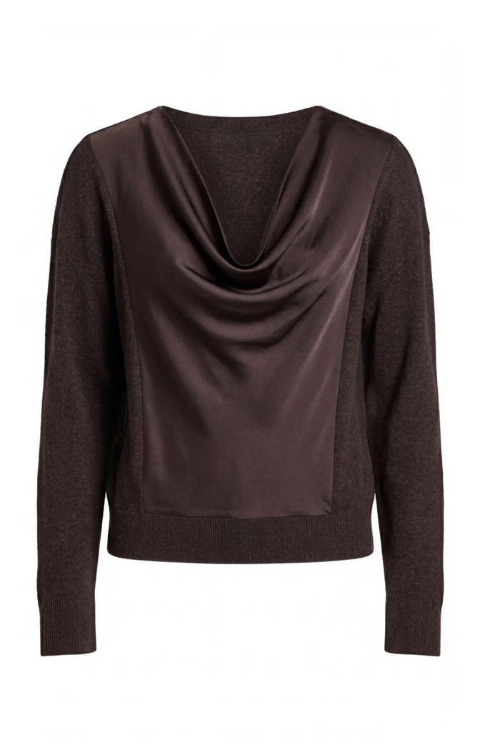 Long Sleeve Drape Neck Woven Sweater, Java Melange