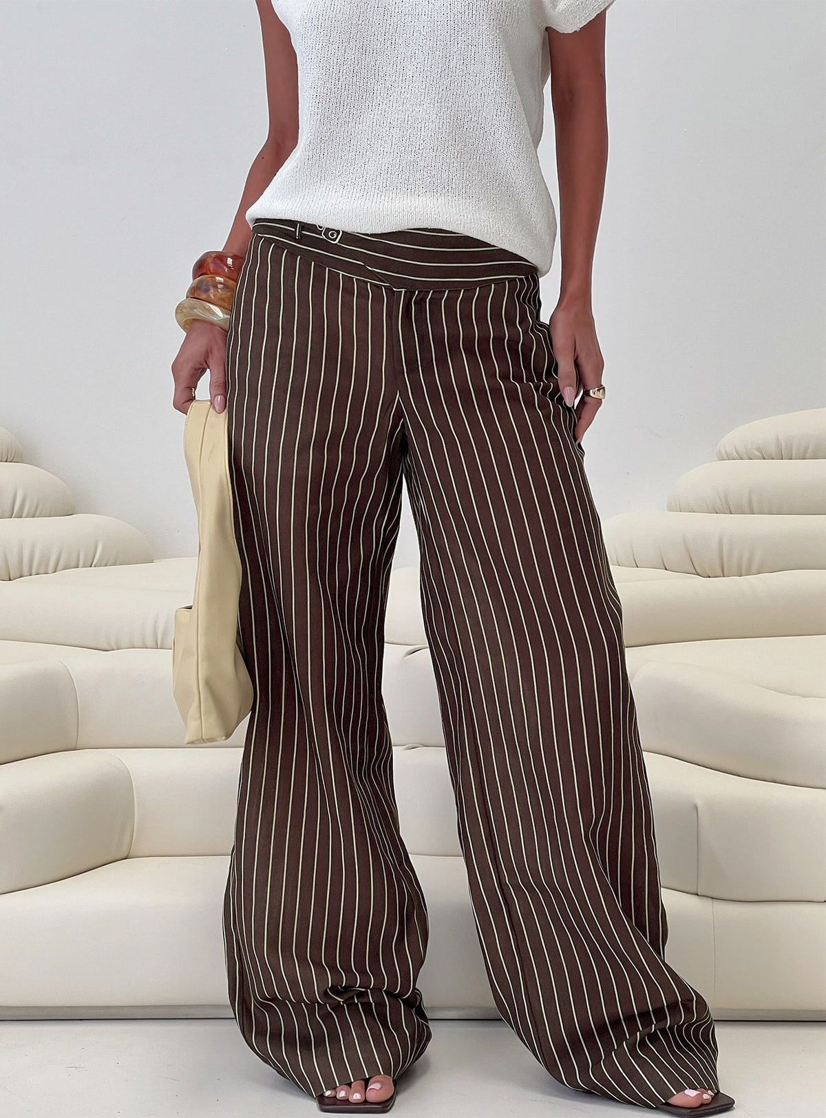 Winslie Thick Waistband Buckle Pants Chocolate Stripe