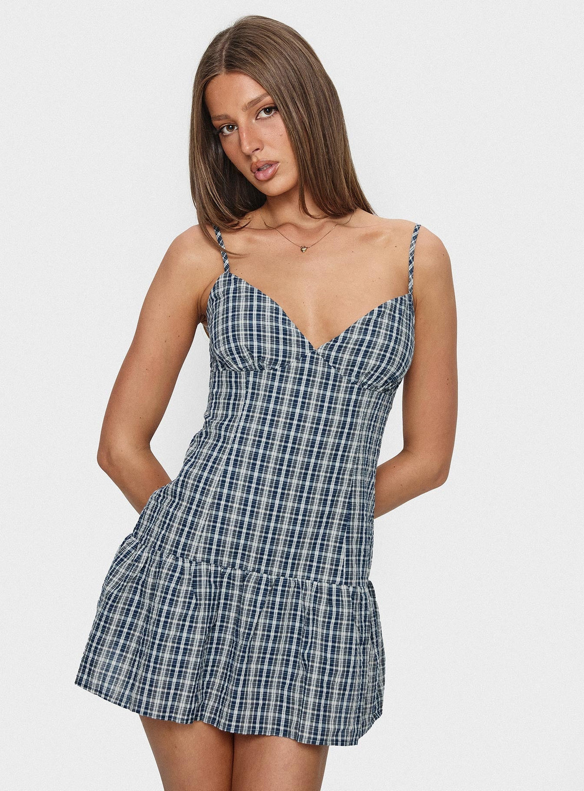 Jessamae Drop Waist Playsuit Blue Check