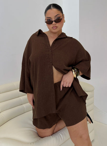 Peni Drawstring Linen Shorts Chocolate Curve