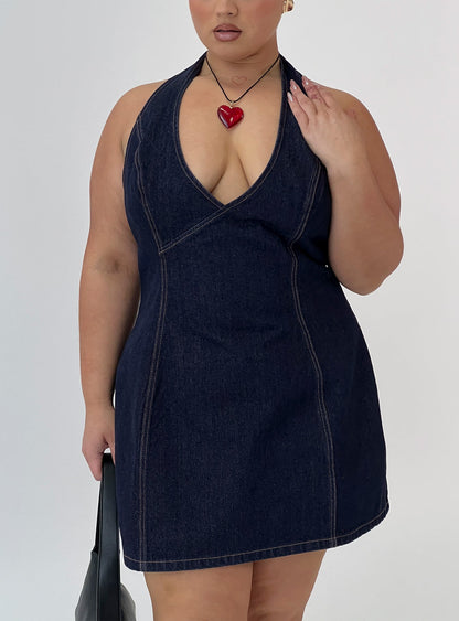 Say Goodnight Denim Halter Mini Dress Mid Wash Curve