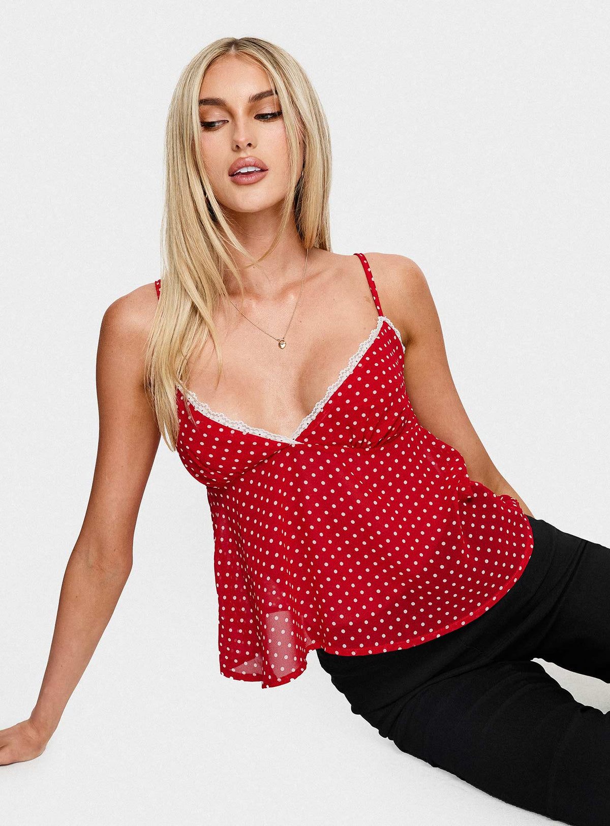 Darlyne Lace Trim Cami Top Red Polka