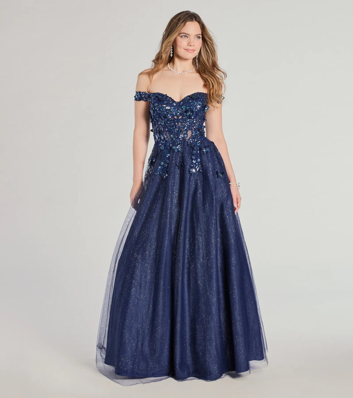 Sofia Off-The-Shoulder Corset Lace-Up Glitter Ball Gown