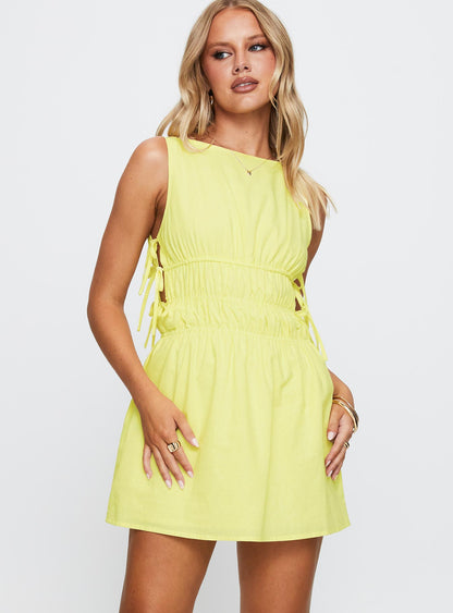 Palm City Shirred Mini Dress Yellow
