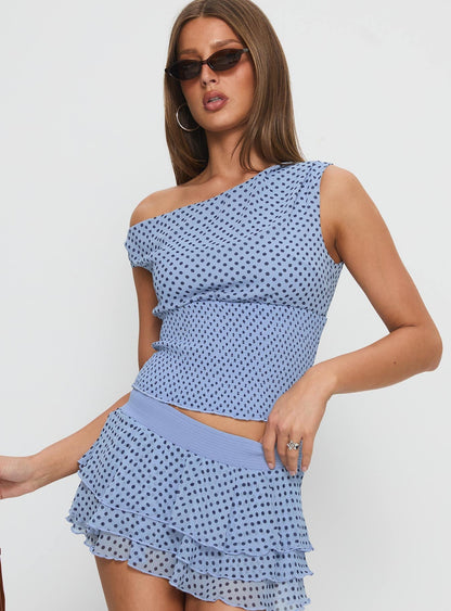 Ready To Party Off Shoulder Top Blue Polka