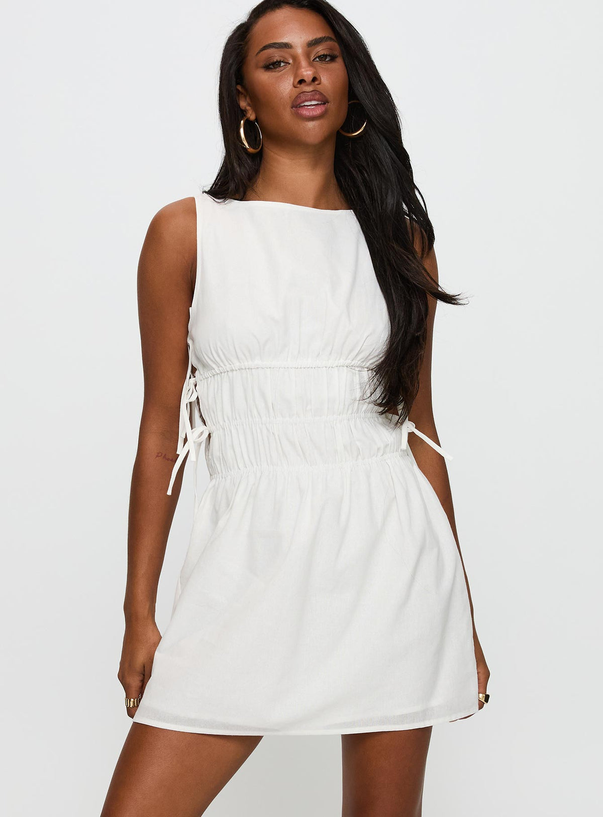Palm City Shirred Mini Dress White