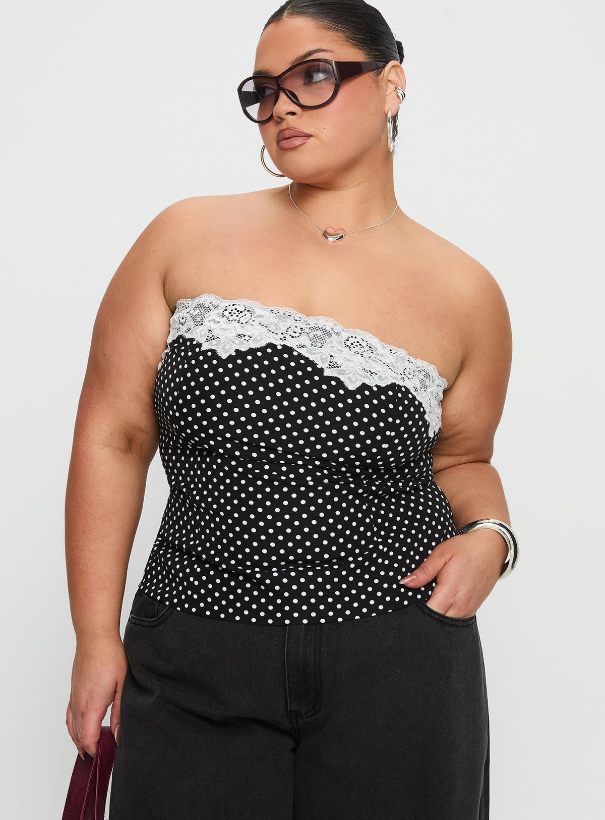 Ettore Lace Trim Strapless Top Black Polka Curve