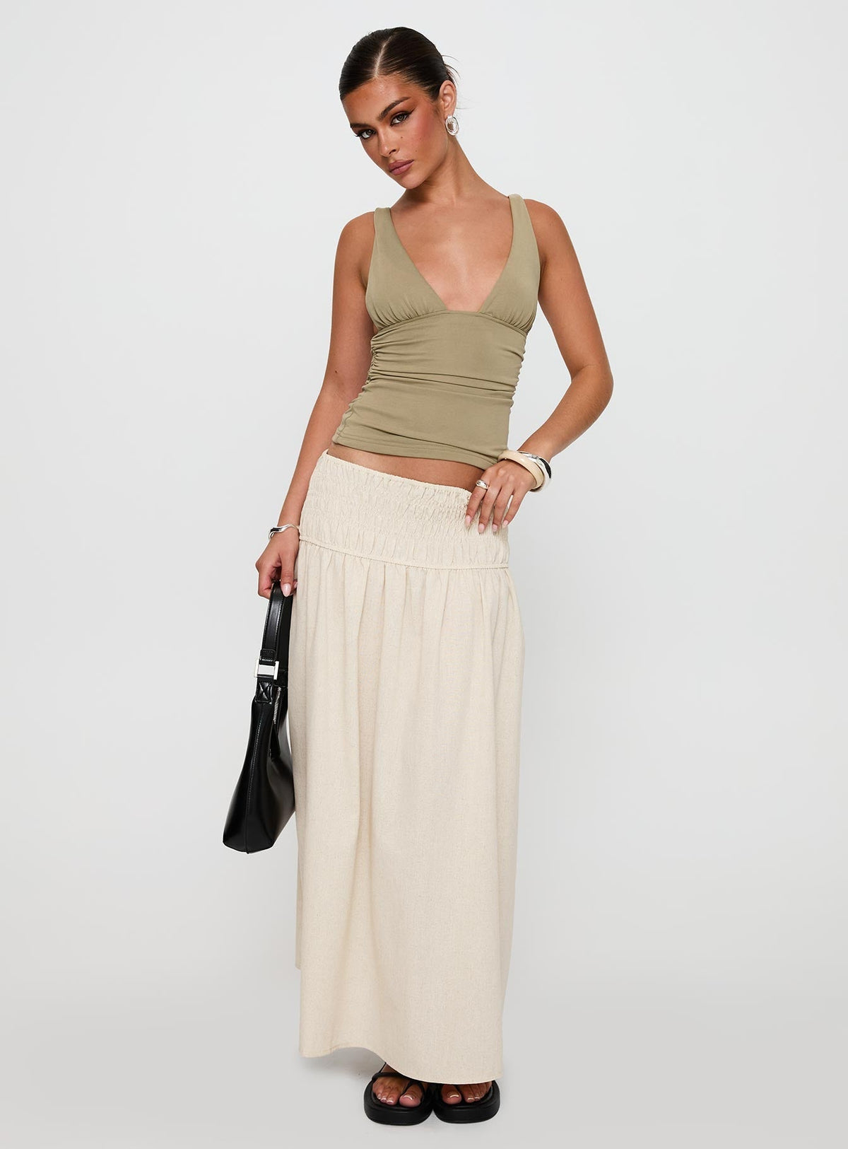 Small Towns Shirred Midi Skirt Beige