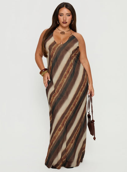 Esmira Halter Maxi Dress Brown Stripe Curve