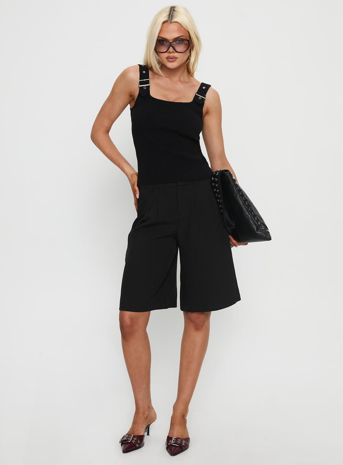 Need No Savior Buckle Strap Top Black