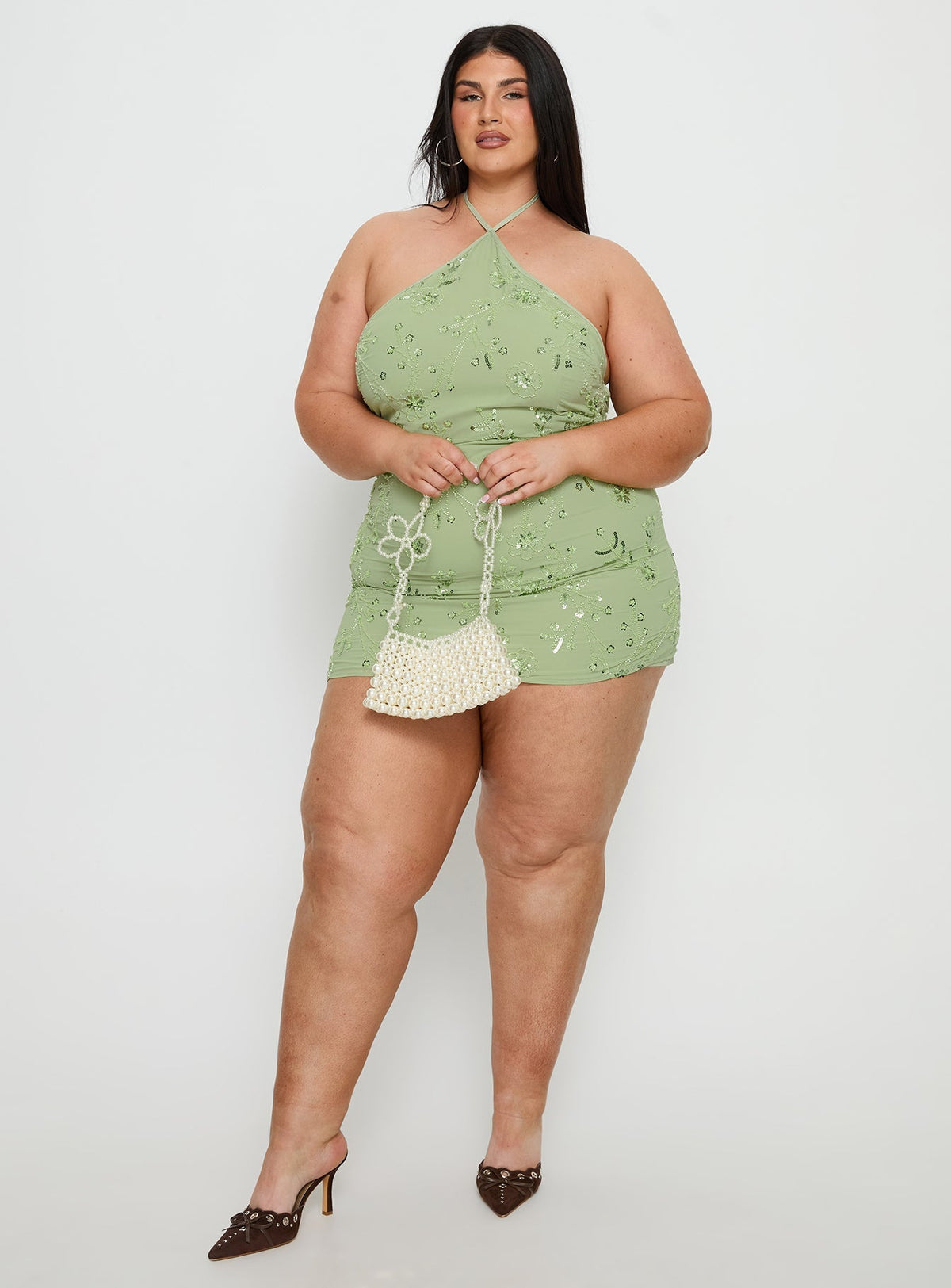 Evolet Embellished Halter Mini Dress Green Curve