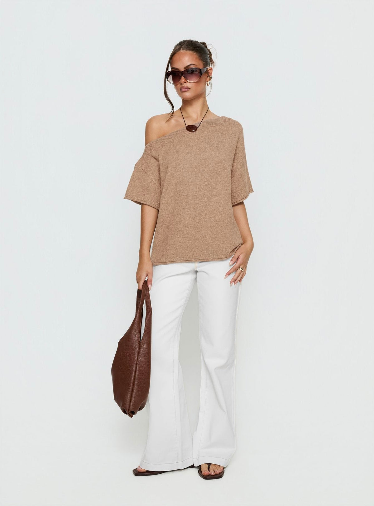 Kourta Off Shoulder Oversized Knit Top Mocha