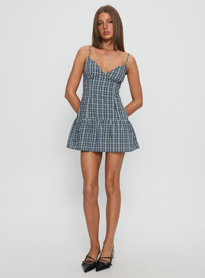 Jessamae Drop Waist Playsuit Blue Check