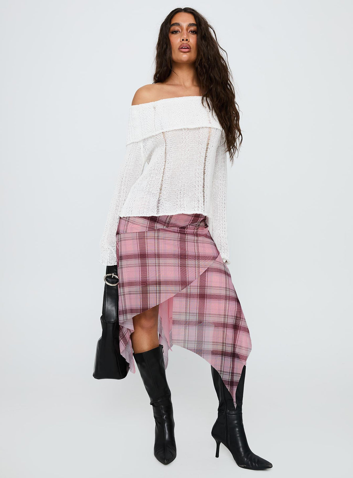 Anali Asymmetrical Midi Skirt Pink / Multi Check
