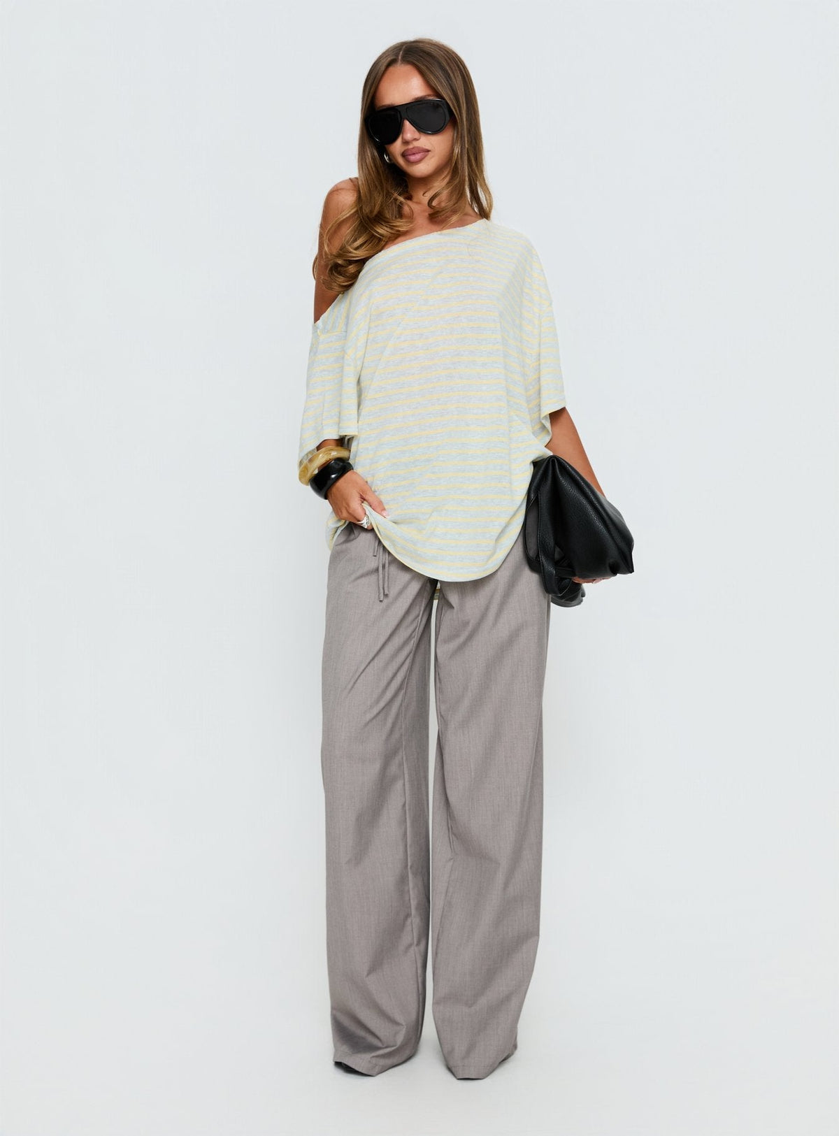 Winny Off Shoulder Tee Grey Marle / Lemon Stripe