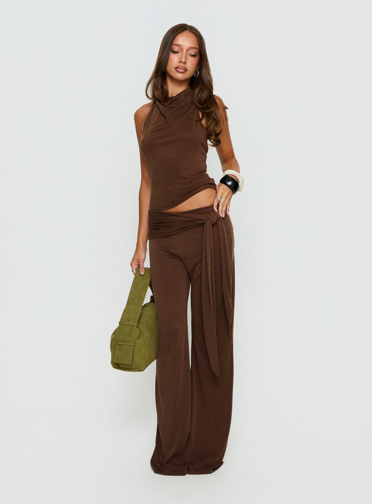 Katiana High Neck Cowl Top Brown