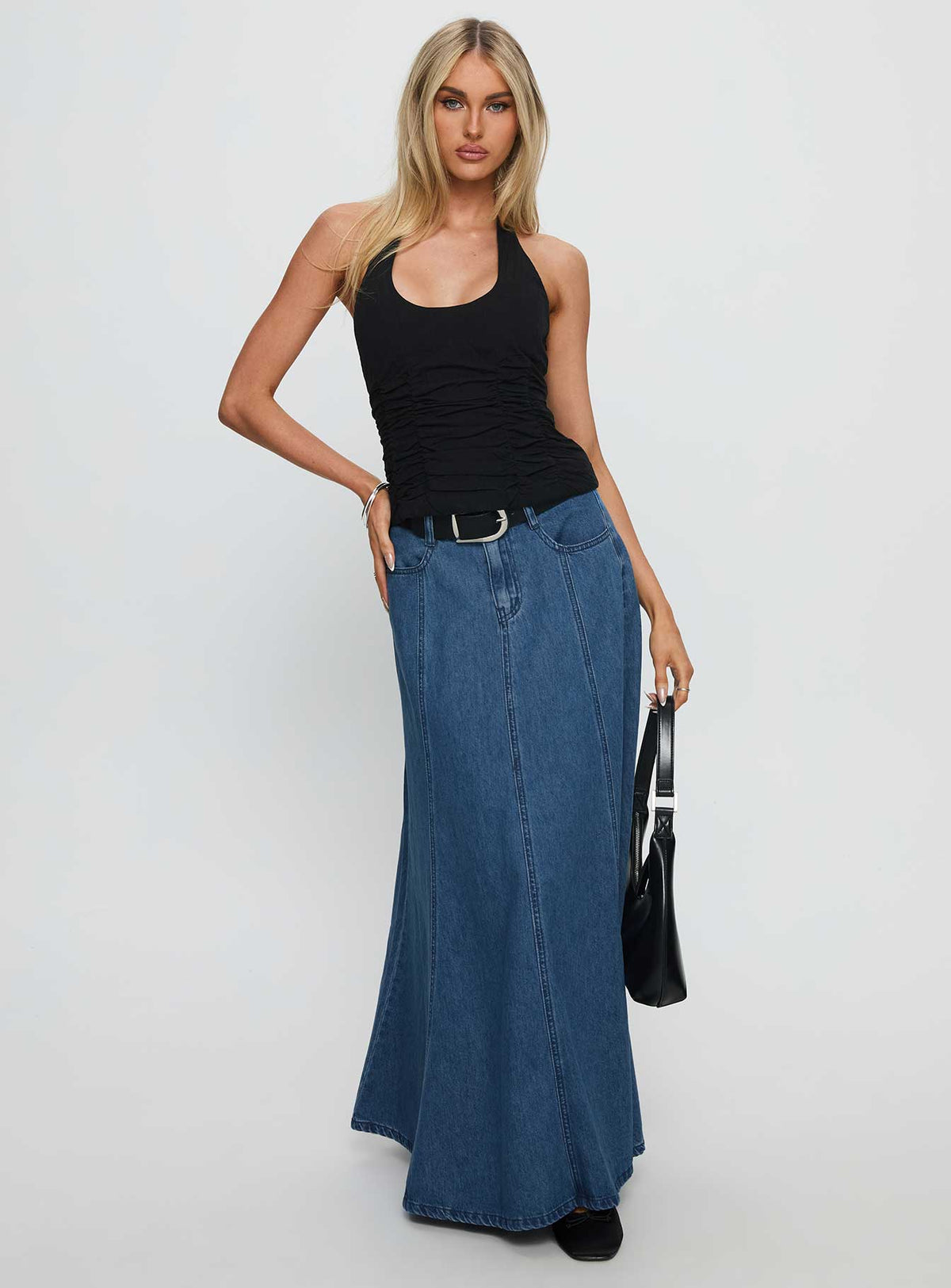 Charleigh Soft Pleat Denim Maxi Skirt Mid Blue Wash