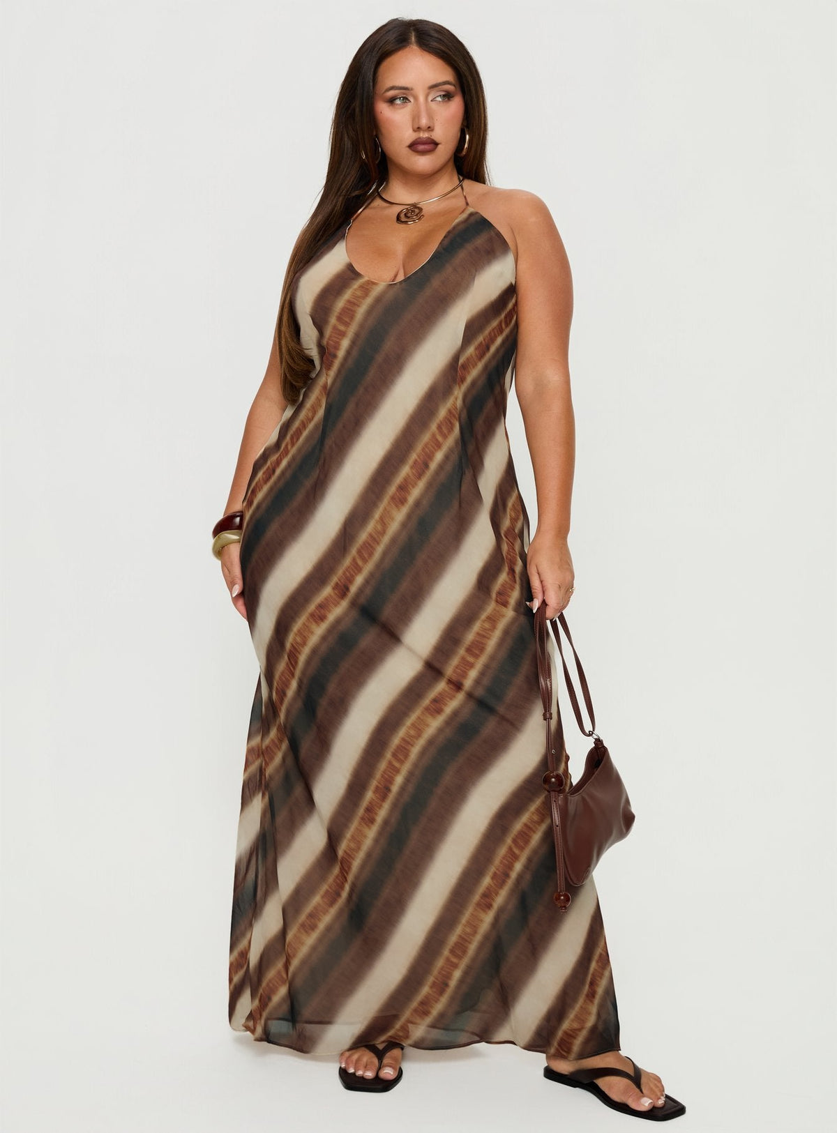 Esmira Halter Maxi Dress Brown Stripe Curve