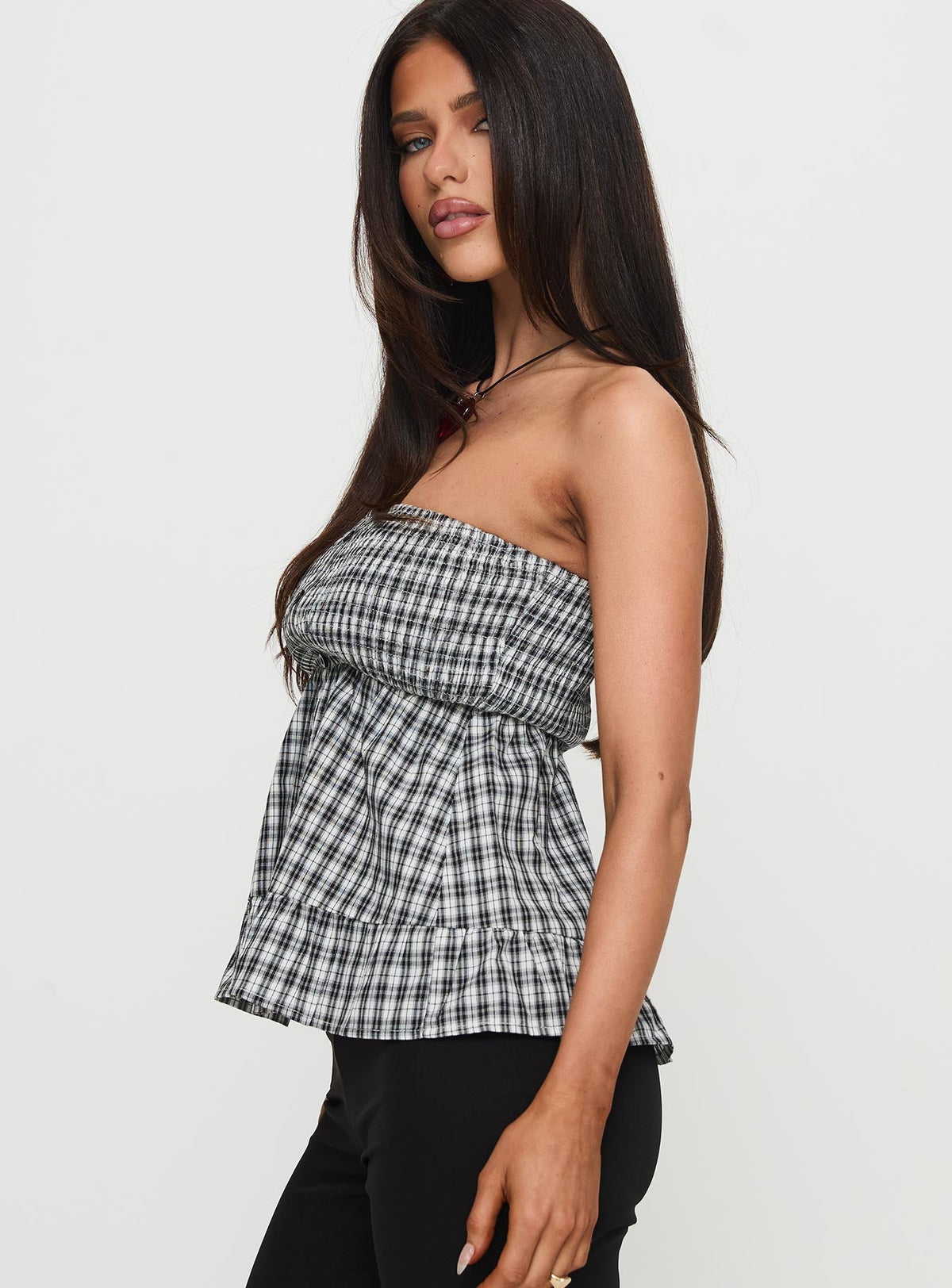 Hestia Strapless Frill Top Black Check