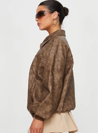 Goldsmith Faux Leather Bomber Jacket Washed Brown