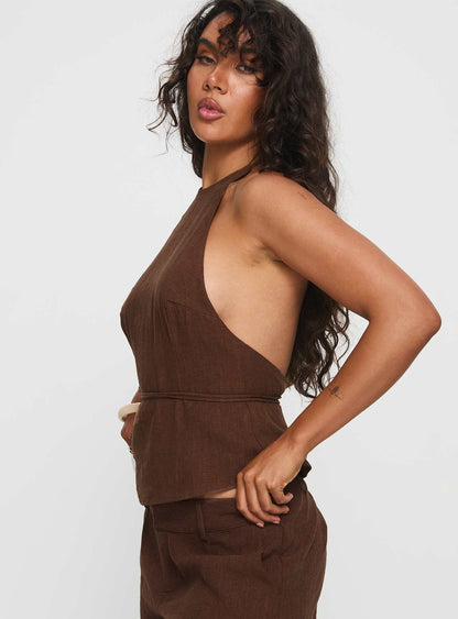 Stara Halter Linen Top Chocolate