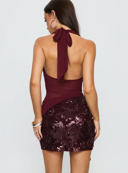 Lustie Halter Sequin Mini Dress Cherry