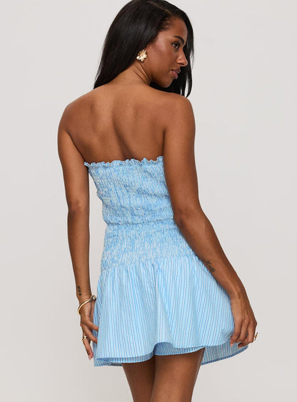 Think And Smile Strapless Tie Detail Playsuit Blue Stripe