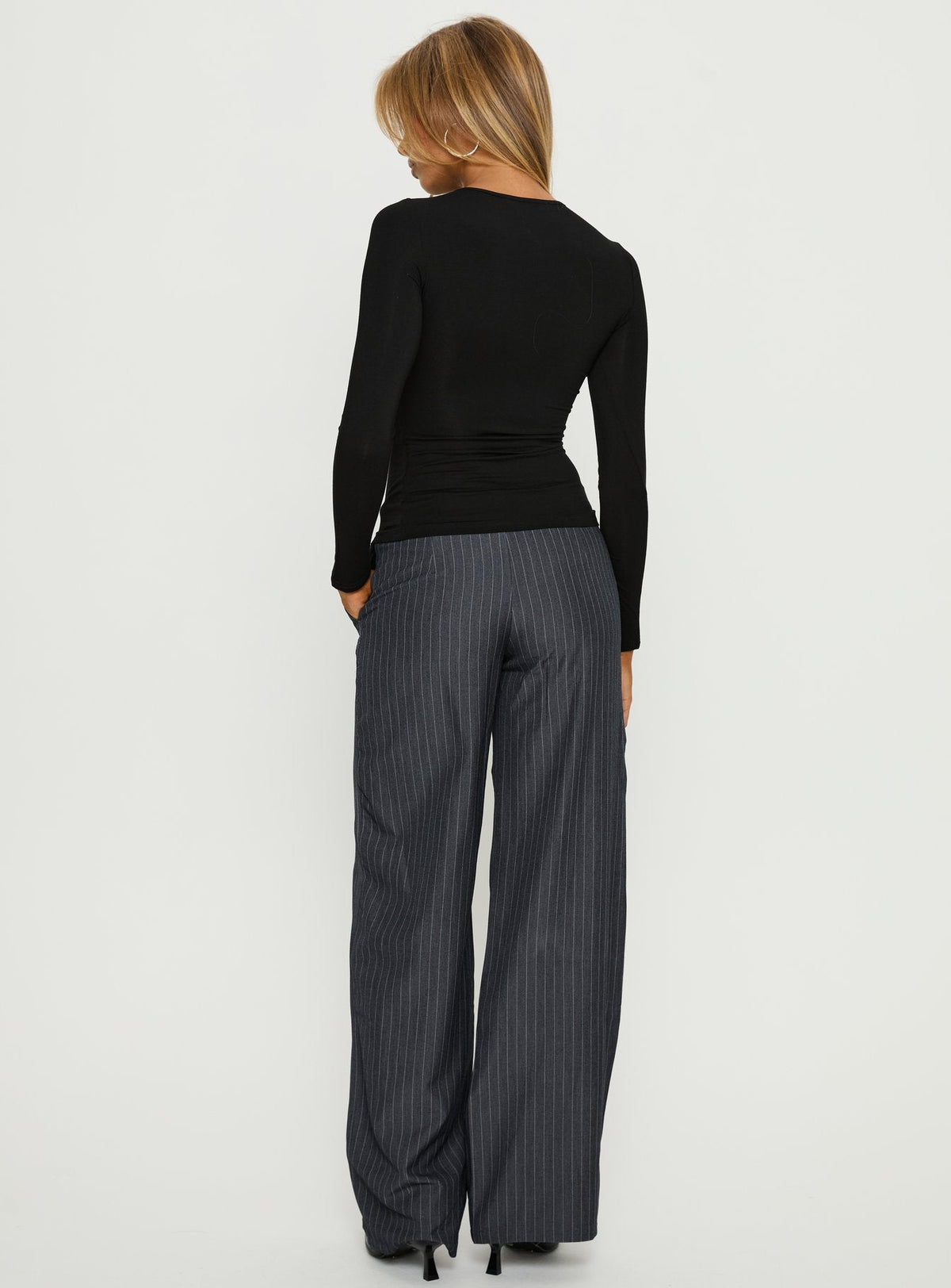 Khane Low Rise Wide Leg Pant Charcoal Pinstripe