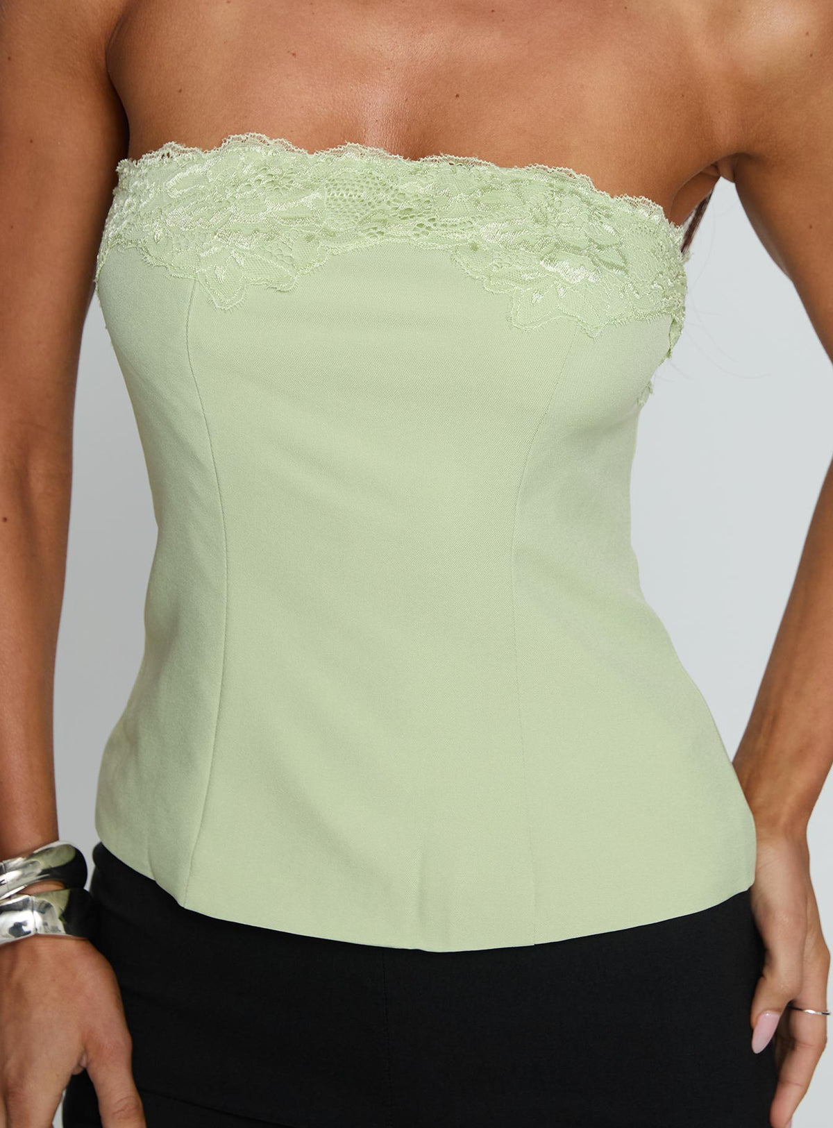 Ettore Lace Trim Strapless Top Sage