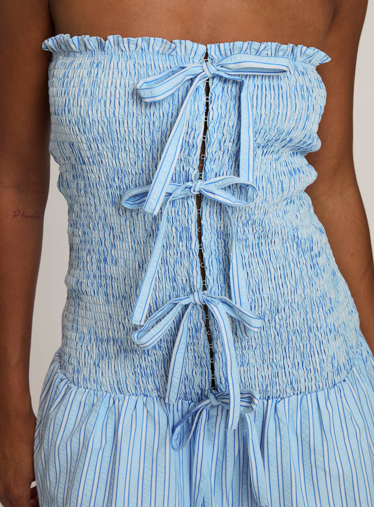 Think And Smile Strapless Tie Detail Playsuit Blue Stripe