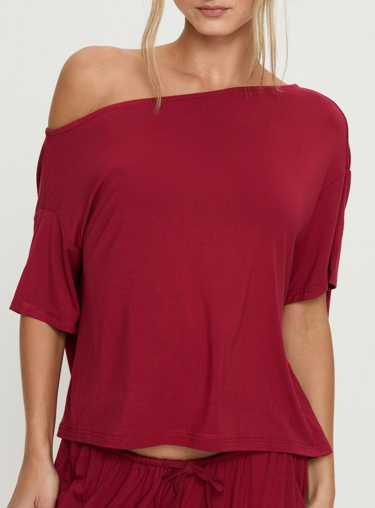 Cozy Hour Sleep Relaxed Off Shoulder Top Red
