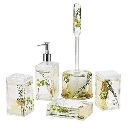 5 Piece Acrylic Liquid 3D Floating Motion Bathroom Vanity Accessory Set Green Plants