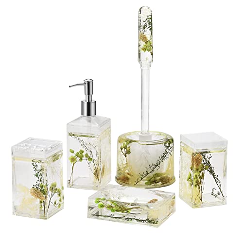 5 Piece Acrylic Liquid 3D Floating Motion Bathroom Vanity Accessory Set Green Plants