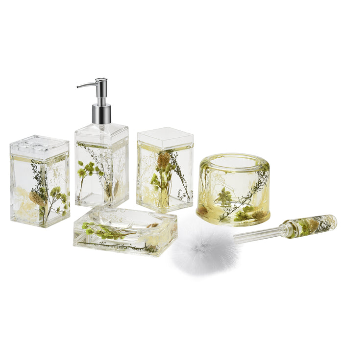 5 Piece Acrylic Liquid 3D Floating Motion Bathroom Vanity Accessory Set Green Plants