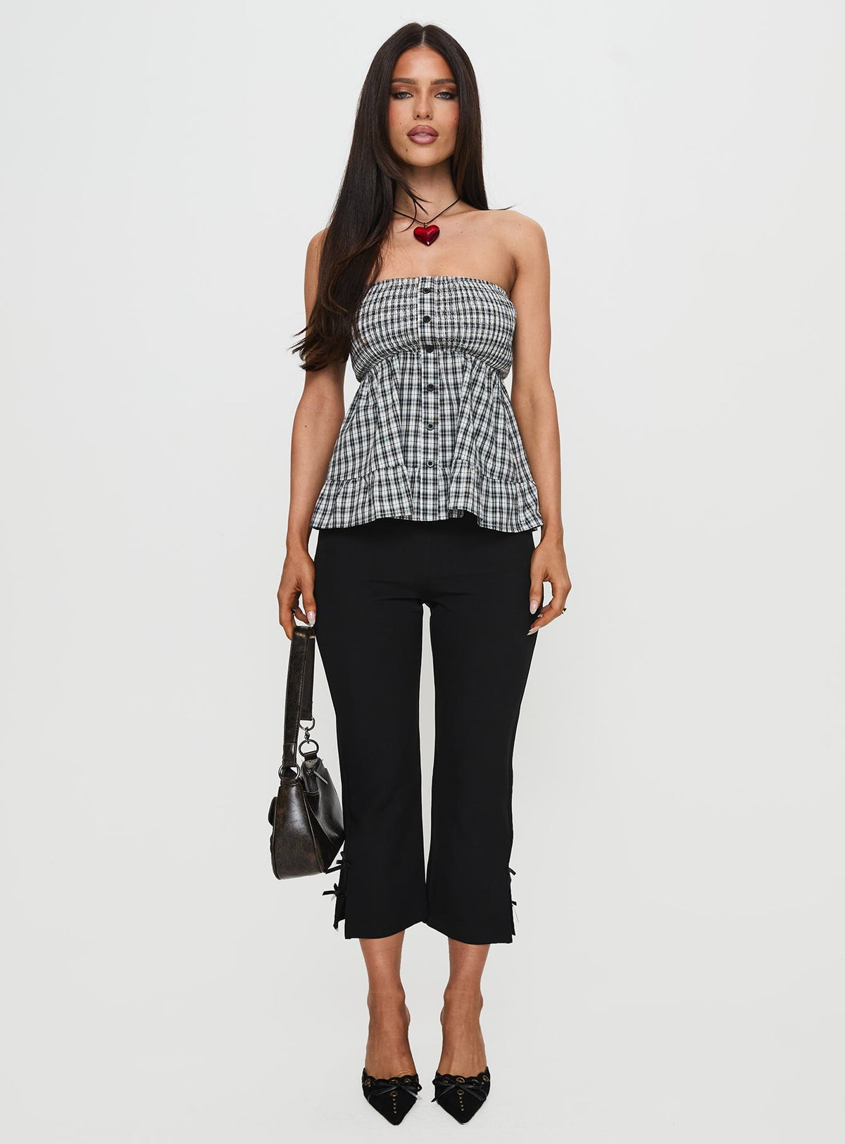 Hestia Strapless Frill Top Black Check