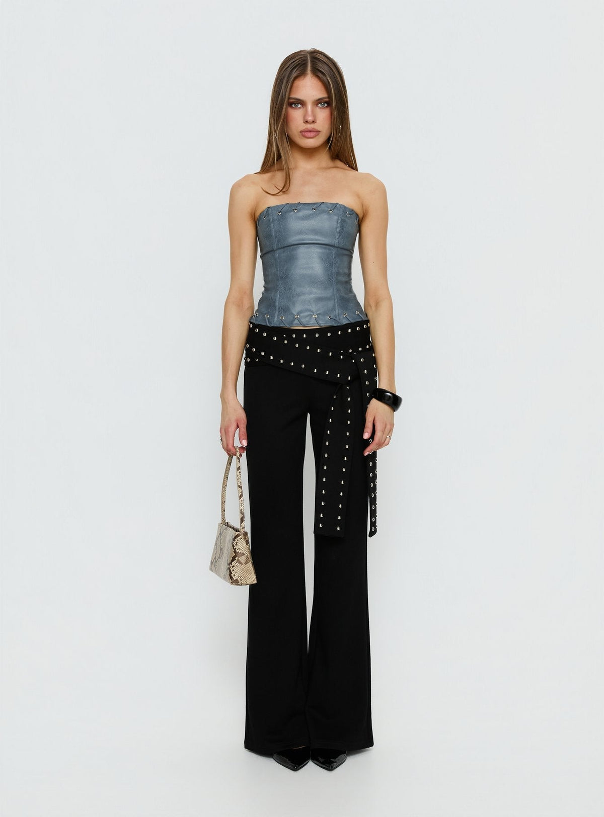 Pammie Faux Leather Strapless Top Blue