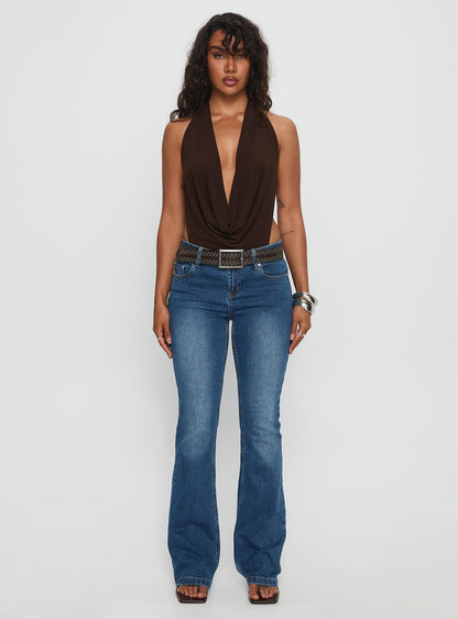 Quinna Plunge Neck Backless Bodysuit Chocolate