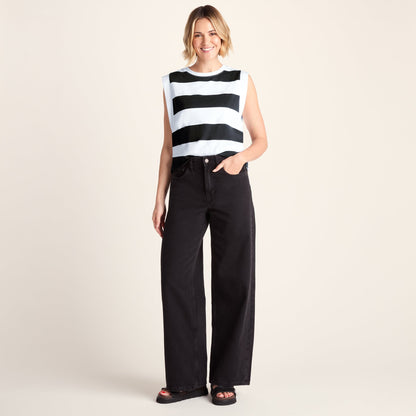 Aurelia Womens 100% Cotton Supersoft Boxy Fit Vest - Washed Black Stripe