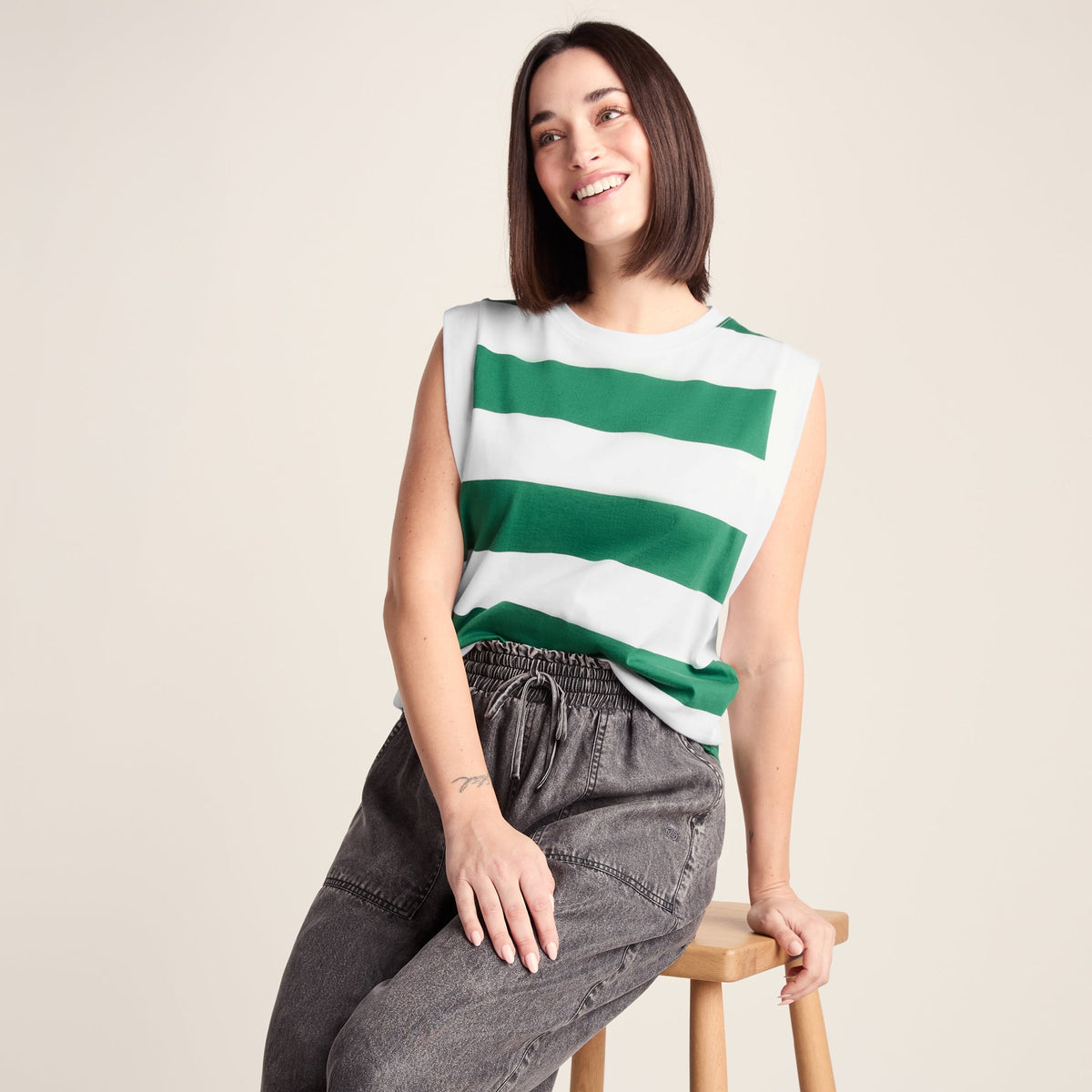 Aurelia Womens 100% Cotton Supersoft Boxy Fit Vest - Green Stripe