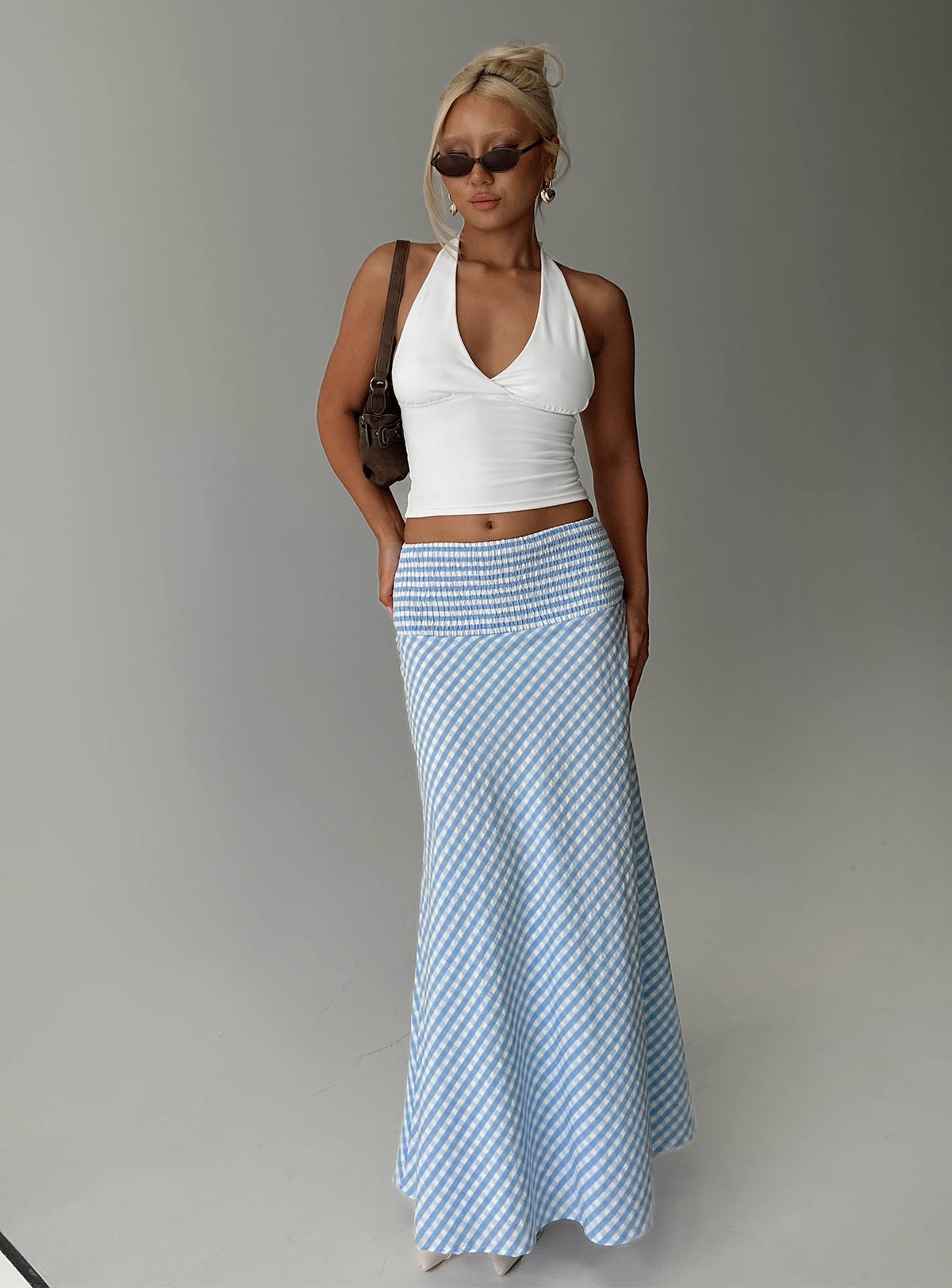 Every Girl Shirred Maxi Skirt Blue Check